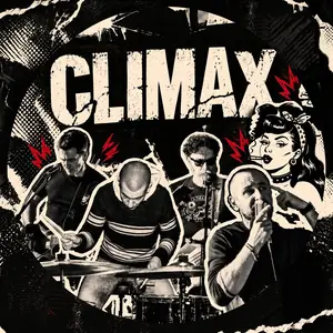 Collage of Climax live, with the logo and the pin-up